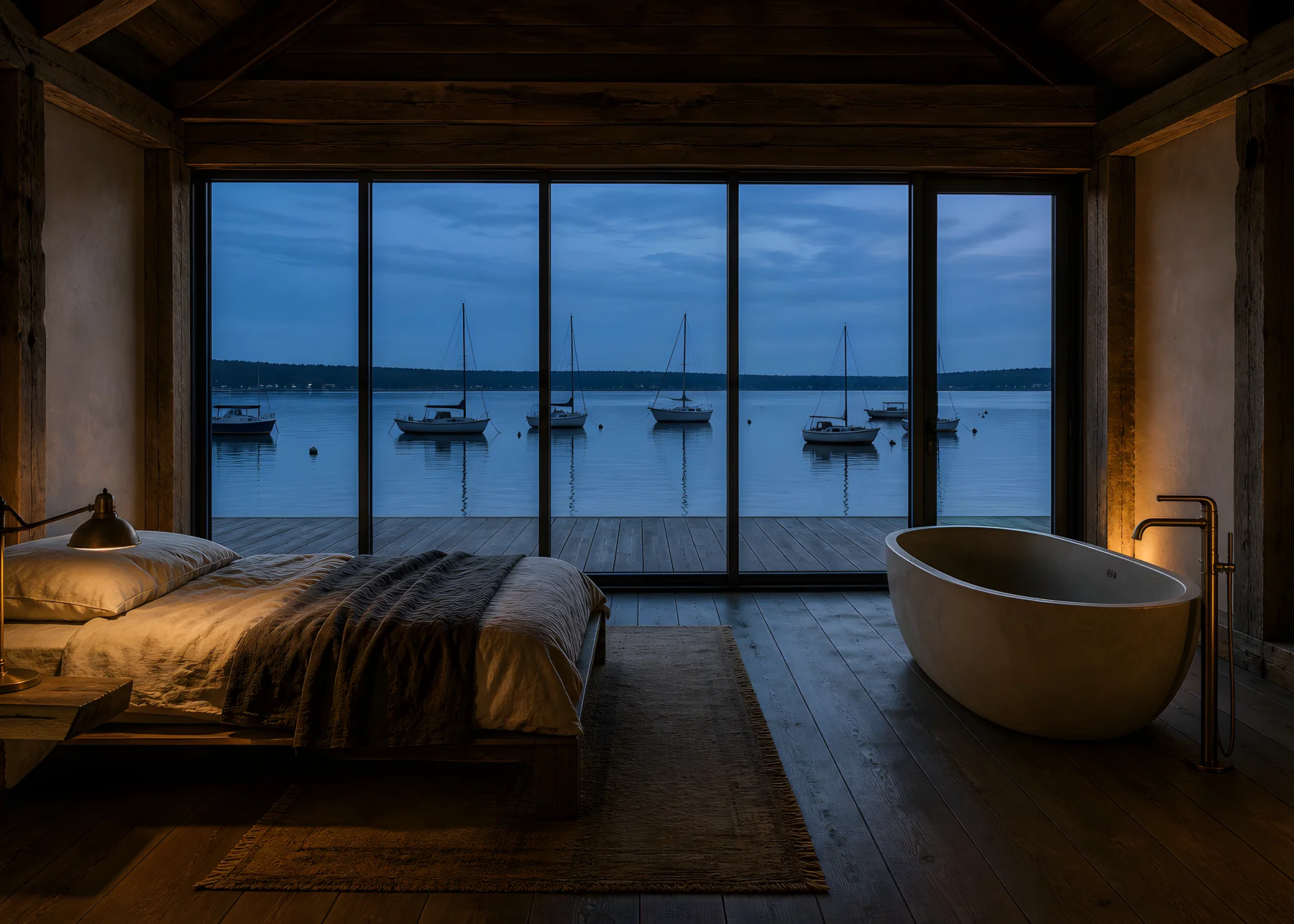 A timber-framed room at the waterline, a wall of glass onto a deck, moored sailboats on flat water at dusk, and a freestanding tub facing the glass