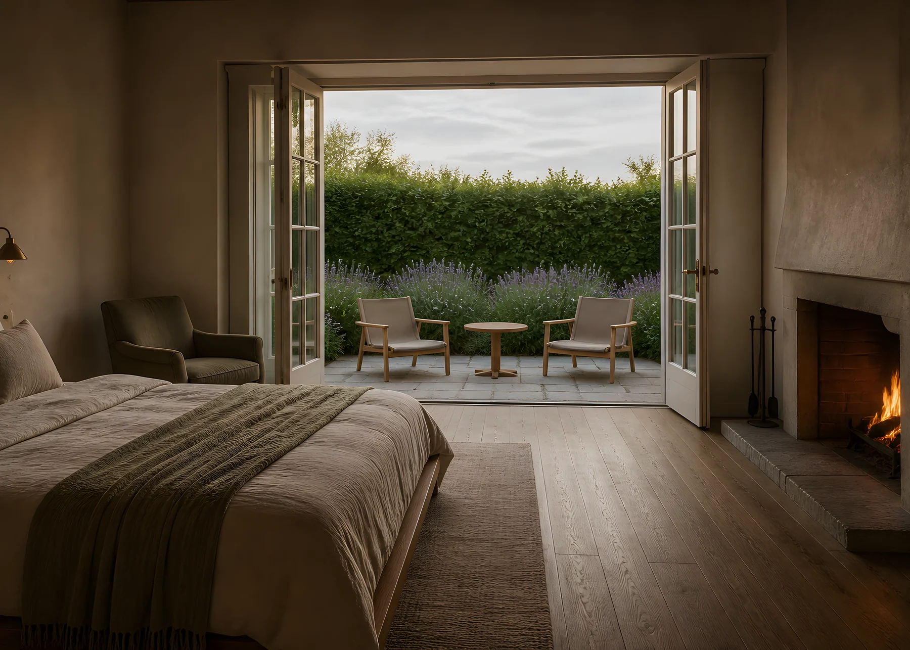 French doors folded open from a bedroom onto a stone terrace with two chairs, a small round table, a lavender bed and a clipped hedge beyond