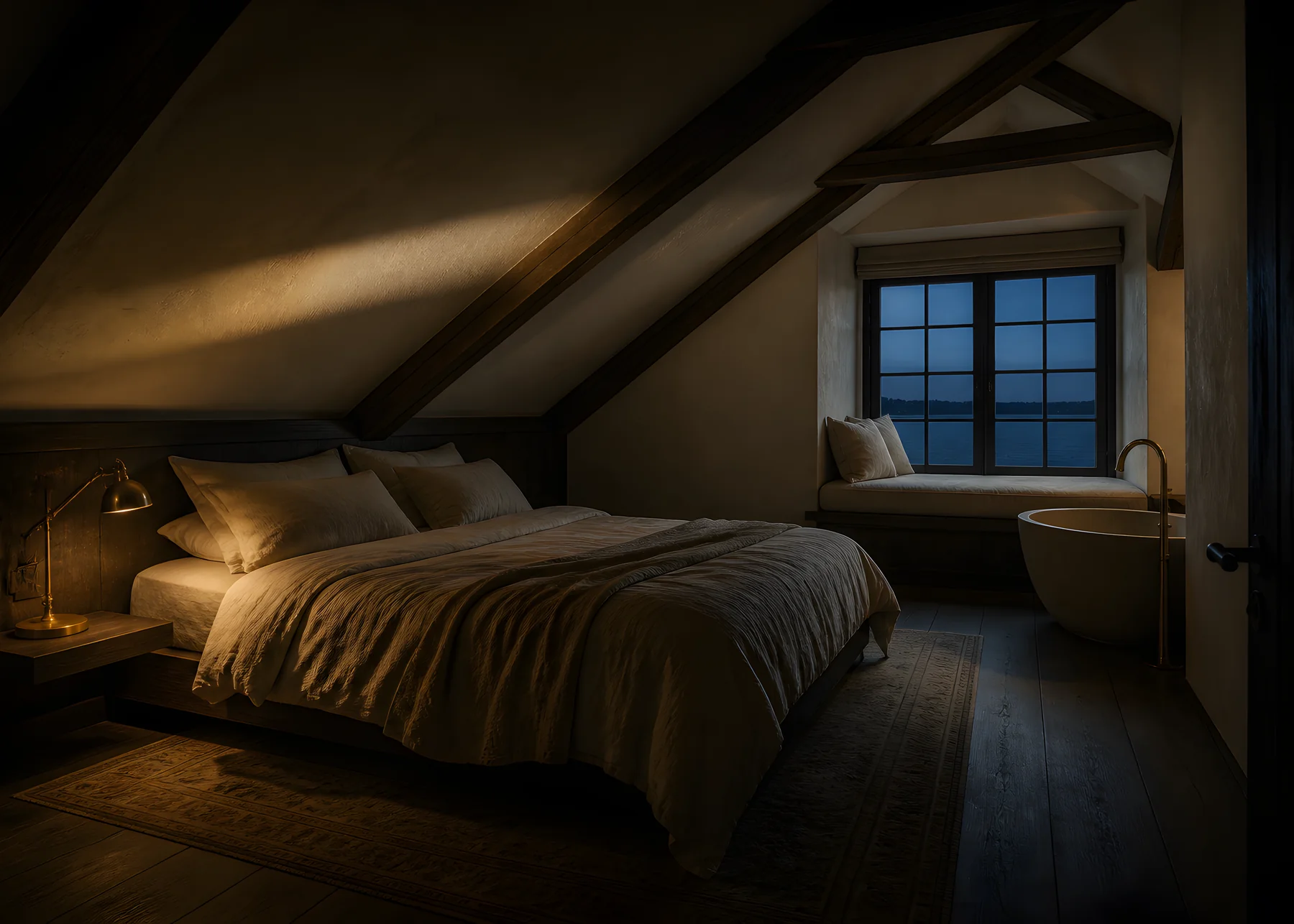A king bed under timber eaves, a brass reading lamp beside it, and a low window seat looking east over dark water