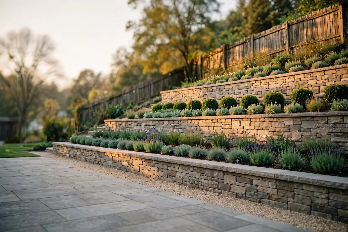 Dry-stone terraces and layered planting above a paved patio at golden hour