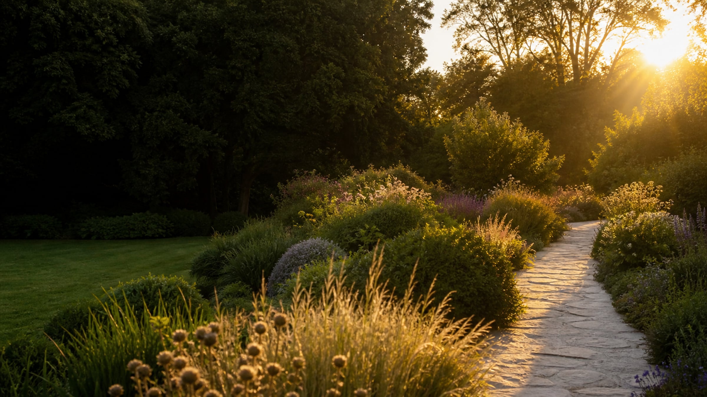 Low sun behind trees over a mown lawn, deep planted borders of grasses and perennials, and a stone path curving away to the right