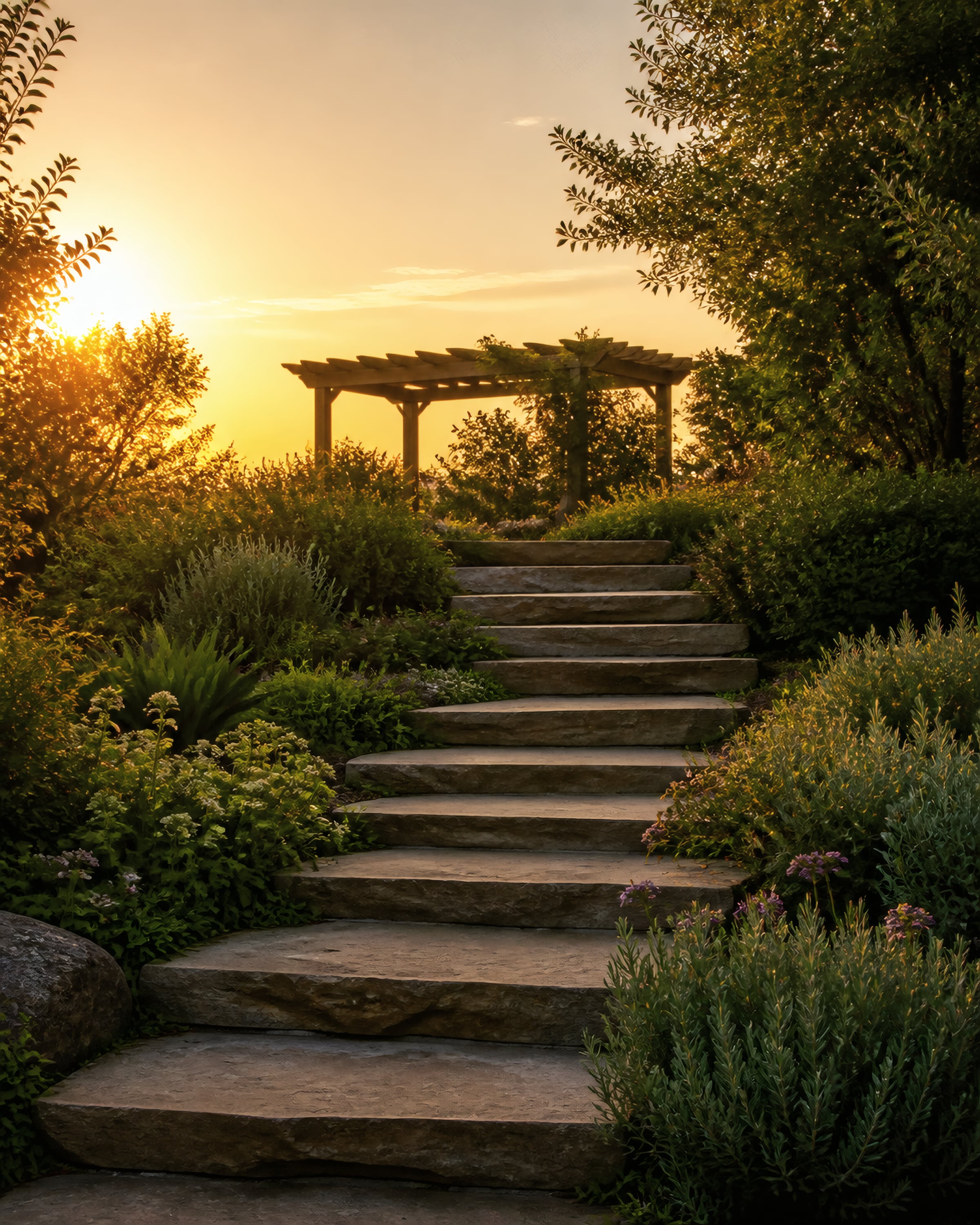 Wide stone steps climbing between planted banks toward a timber pergola, with the sun setting behind it