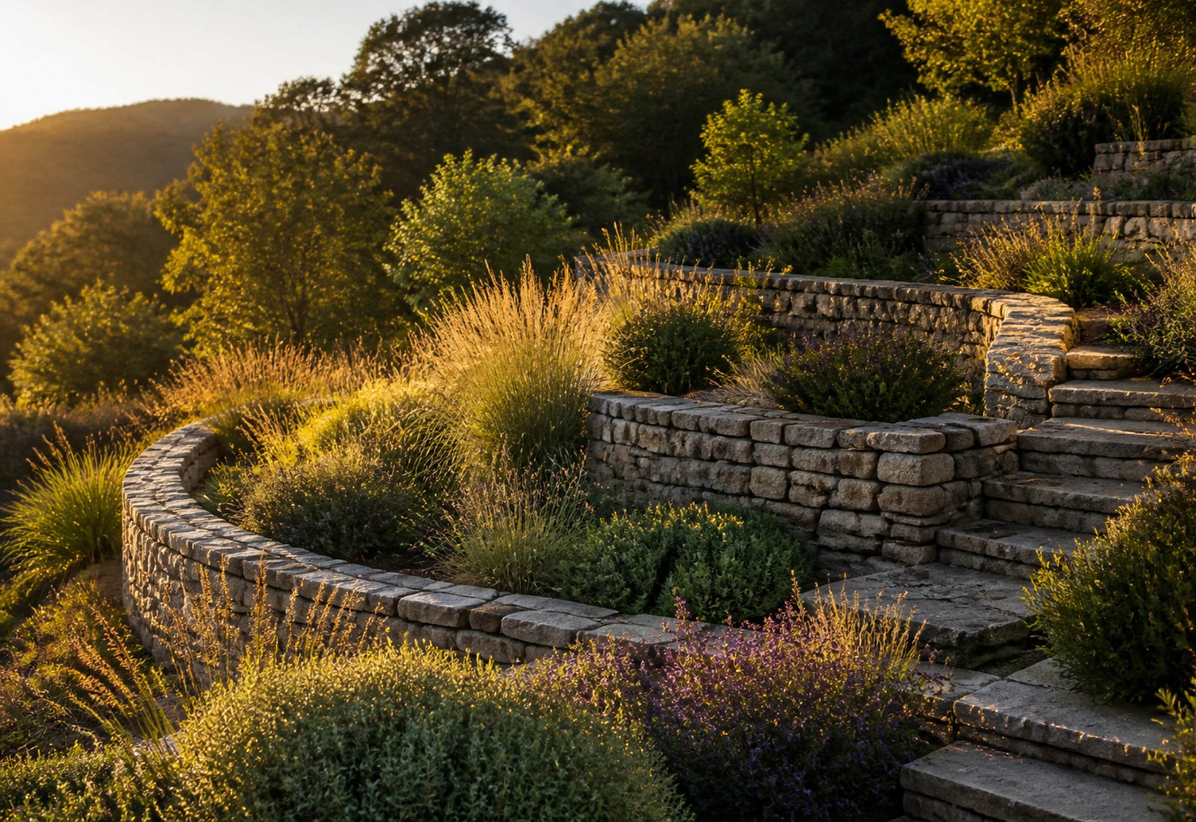 Curved dry-laid stone retaining walls stepping down a hillside in evening light, planted with lavender, catmint and ornamental grasses