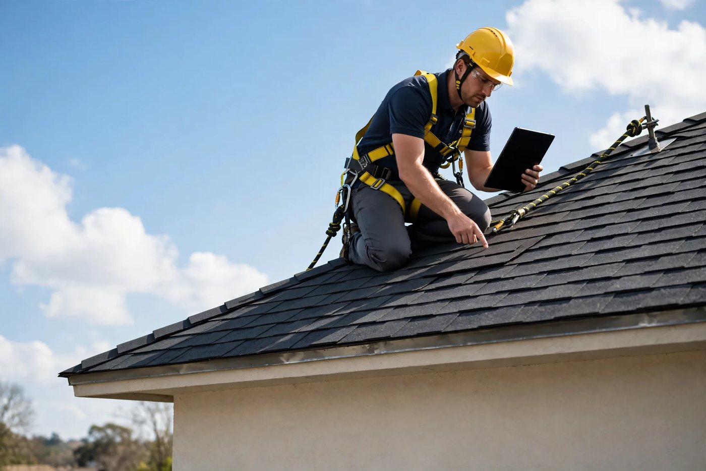 A roofer harnessed to a ridge anchor, inspecting shingles and logging findings on a tablet