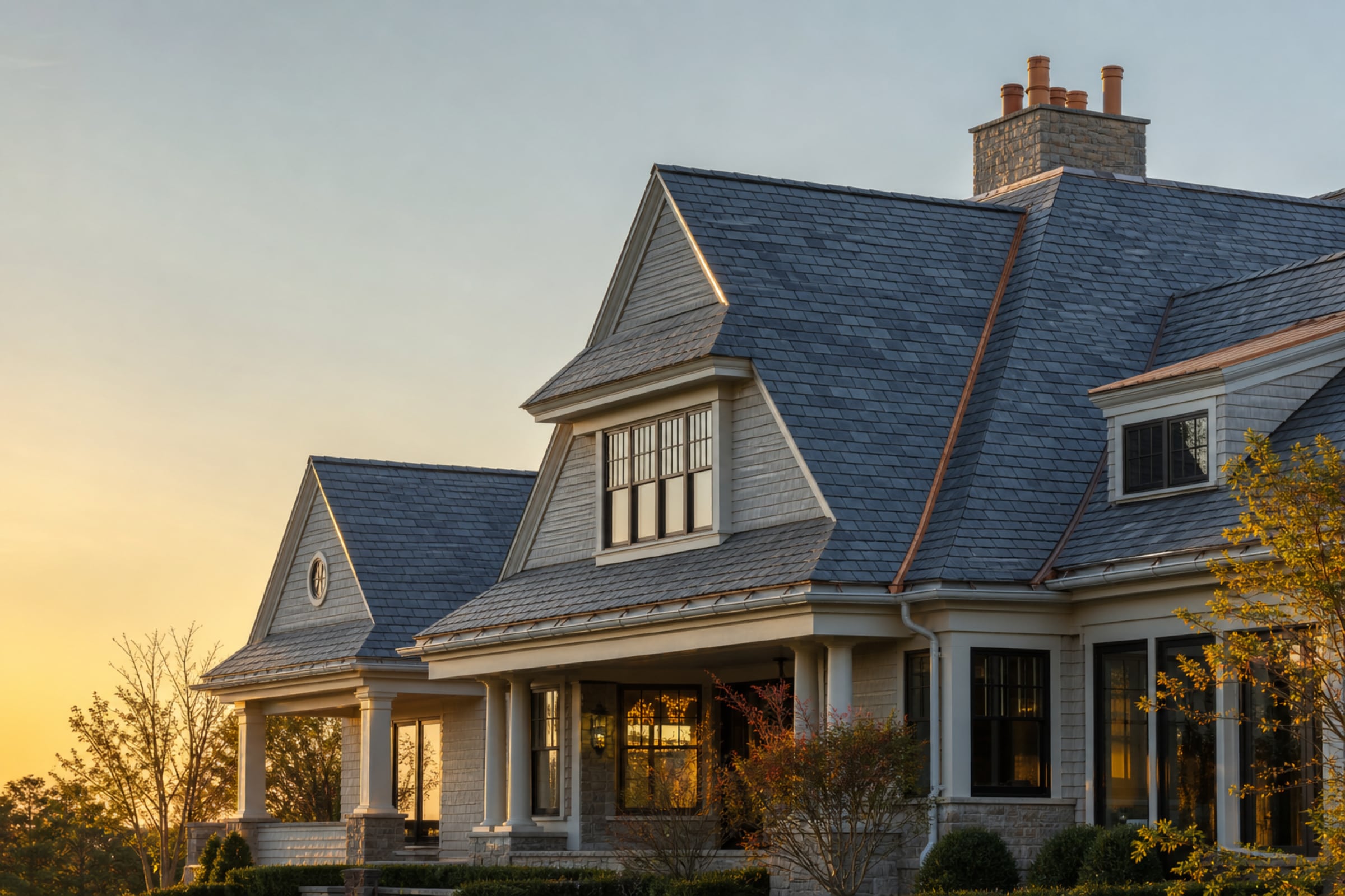 A shingle-style house roofed in dark slate at sunset, with copper valleys, a dormer and a stone chimney