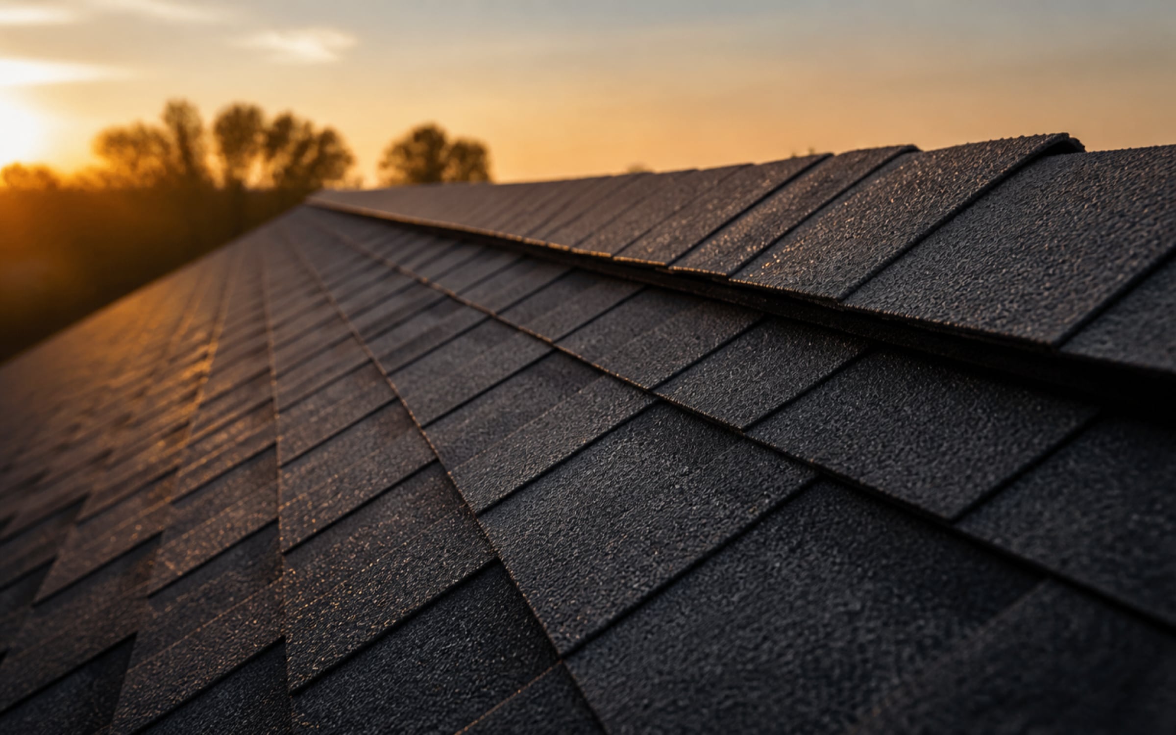 A close view along the finished ridge of the same roof, charcoal architectural shingle and new ridge cap lit by low evening sun