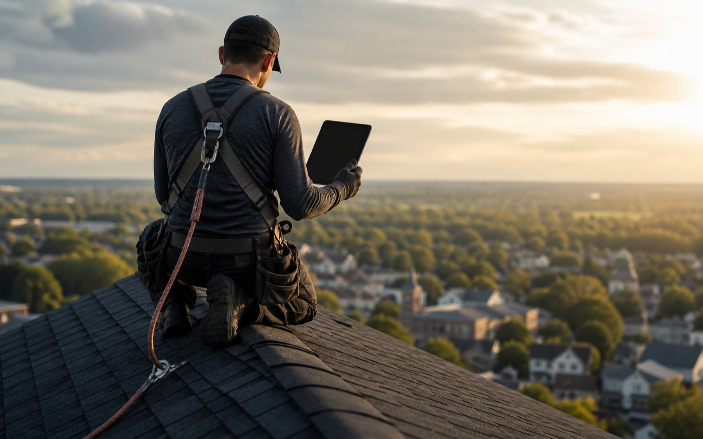 An Apex roofer in a fall harness, kneeling on the ridge of a shingle roof and logging a finding on a tablet above the town