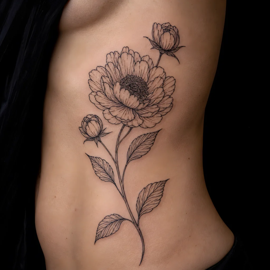 A healed fine line wildflower stem tattoo along a rib