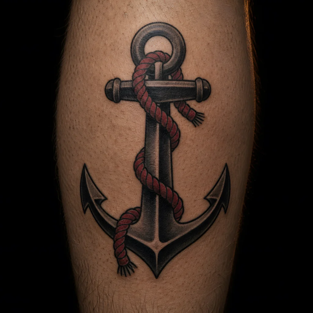 A healed traditional anchor and rope tattoo on a calf