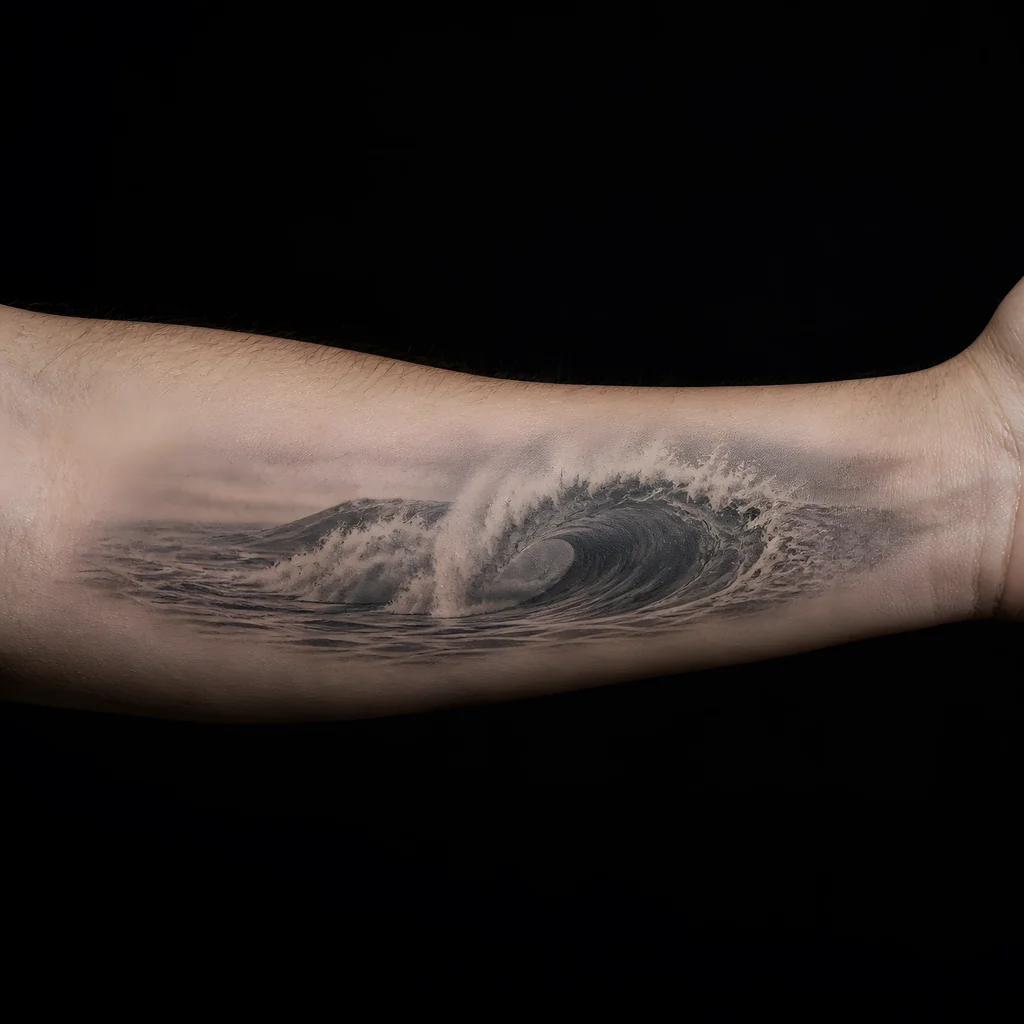 A healed breaking wave tattoo in soft gray wash on an inner forearm