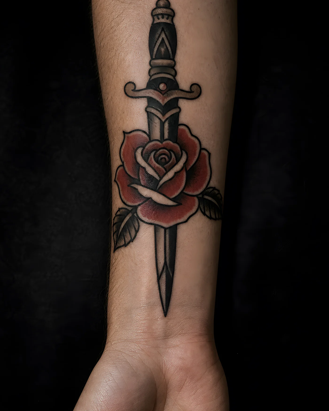 A healed traditional dagger and rose tattoo on an inner forearm